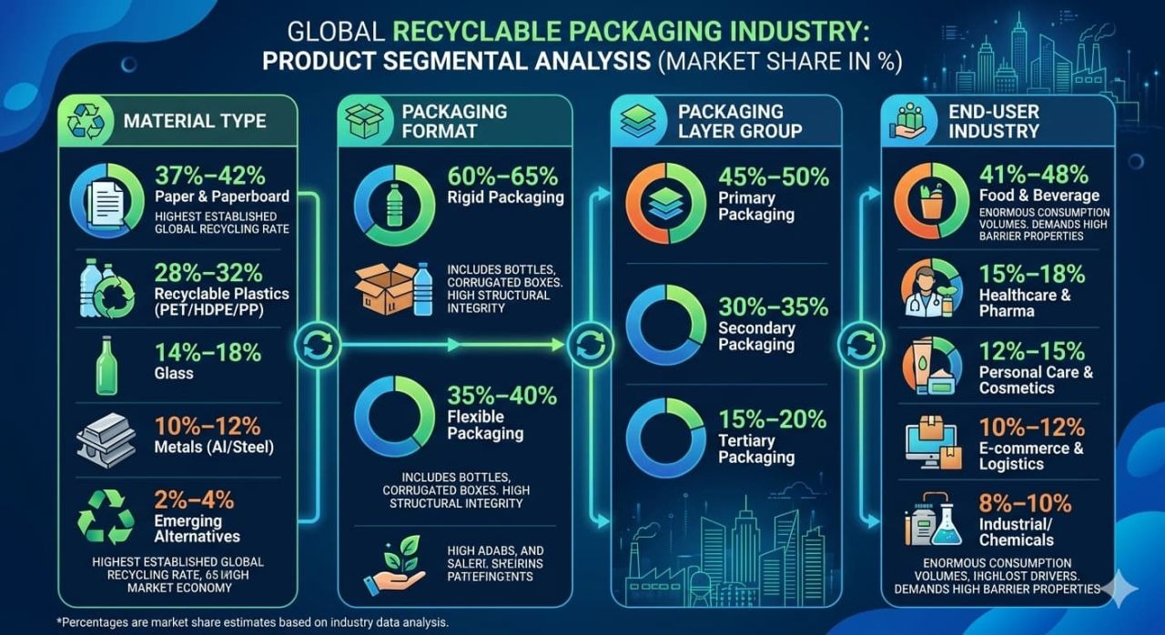 Segmental analysis of the global recyclable packaging industry, showing market share by material type, packaging format, packaging layer group and end-user industry.