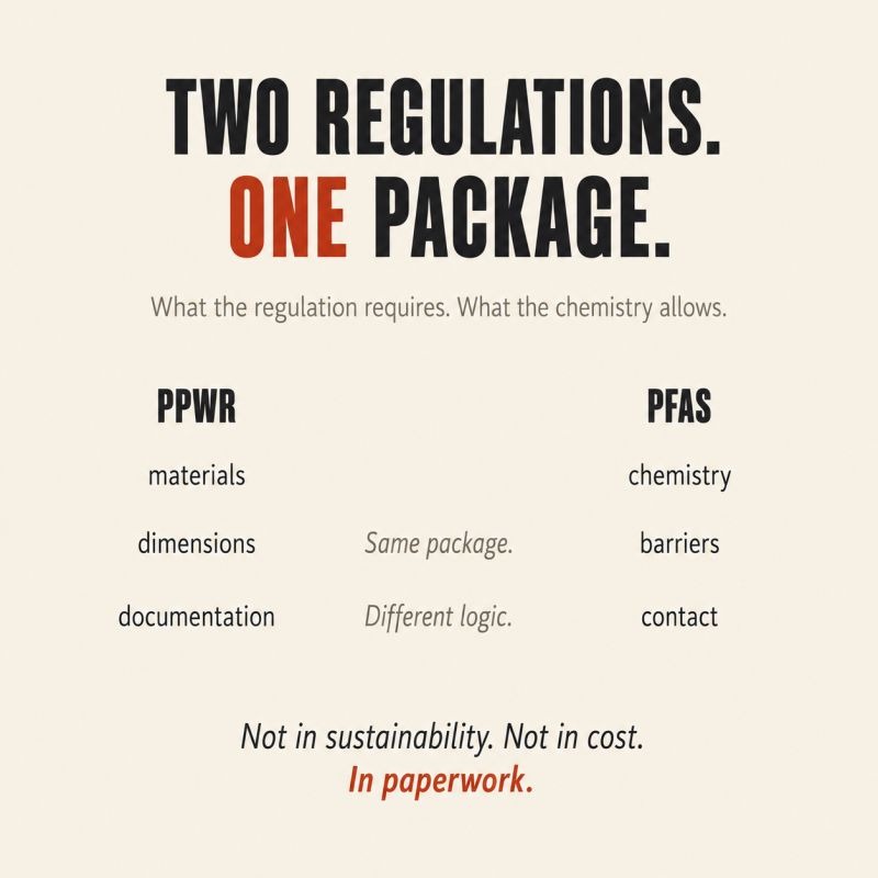 PPWR asks about materials, dimensions and documentation; PFAS asks about chemistry, barriers and food contact. Same package, different logic.