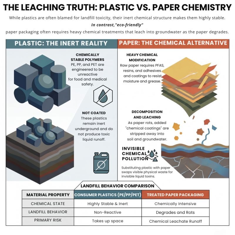 Infographic comparing the landfill behaviour of consumer plastics and treated paper packaging
